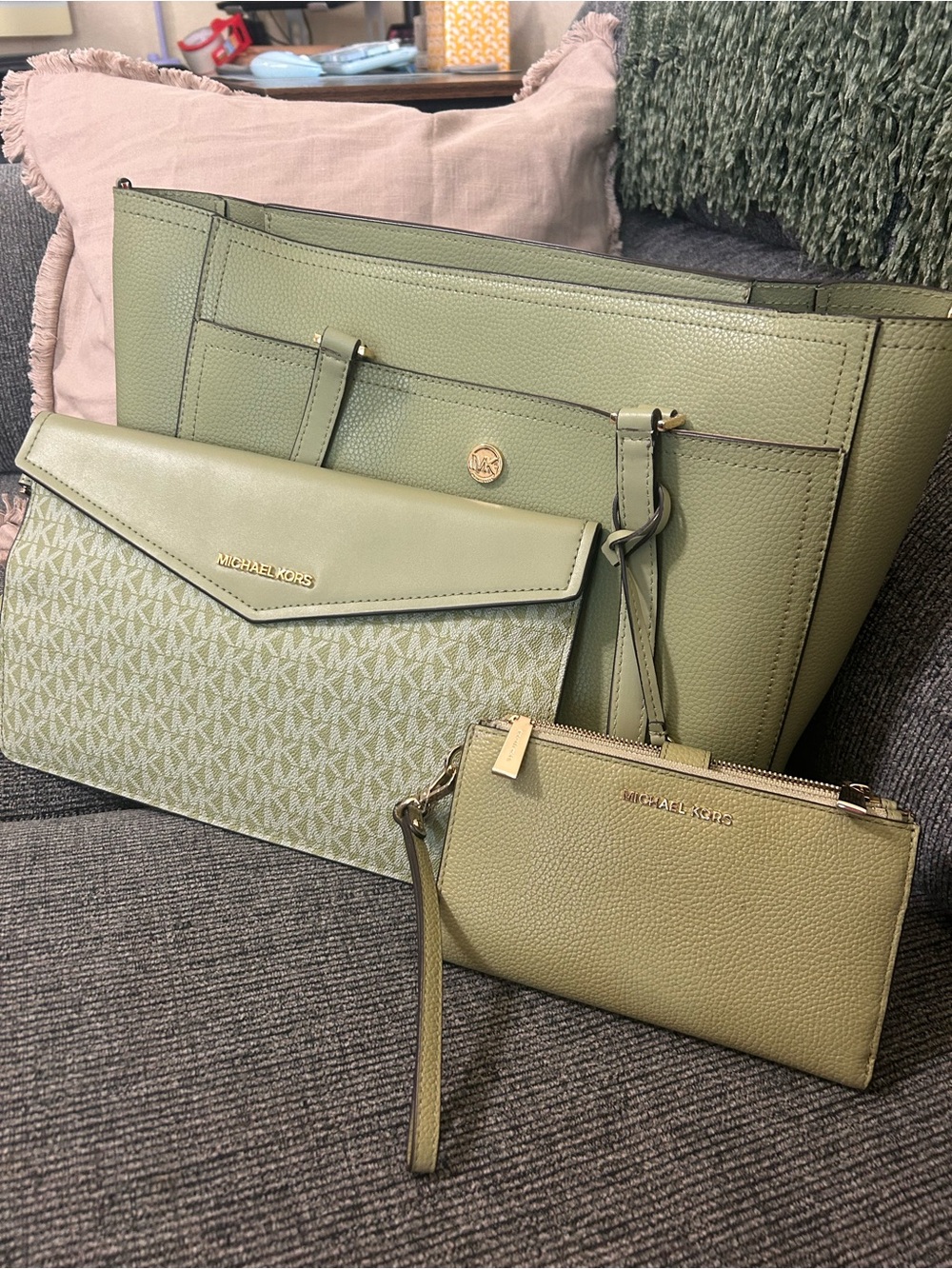 Michael Kors Olive Green 3-in-1 Maisie Pebbled Leather Tote
